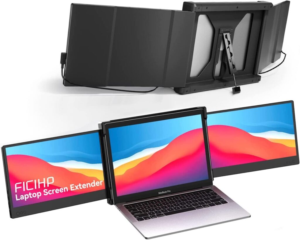 FICIHP Triple Screen Laptop Monitor, 12’’ Portable Monitor for Laptop 1080P FHD IPS with Type-C/HDMI/USB-A, Plug-Play Laptop Monitor Screen Extender for 13-16 Laptop, Supports Wins/Mac/Android/Switch