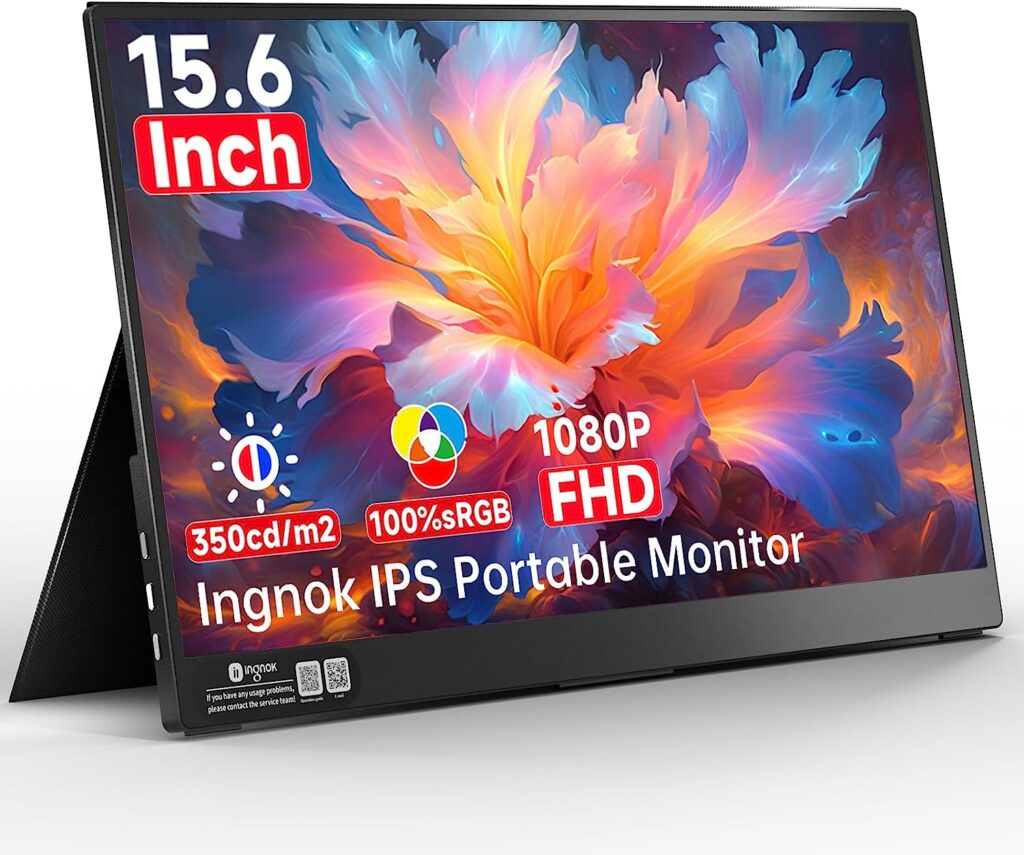 Ingnok Portable Monitor 15.6 Inch FHD 1080P IPS Laptop Screen Extender, 350cd/m2 USB C HDMI Travel Monitor w/Smart Cover  Speakers, Portable Screen for Laptop Mac PC Phone Xbox PS4/5 Switch