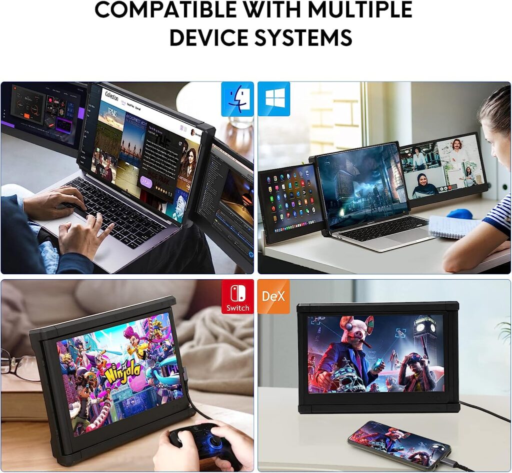 P2 Triple Portable Monitor for Laptop Screen Extender 12 Inch Dual Monitors Extender FHD 1080P IPS Display Type-C/HDMI/USB-A/Speakers for 13-16 Inch Notebook Computer Windows Mac Phone