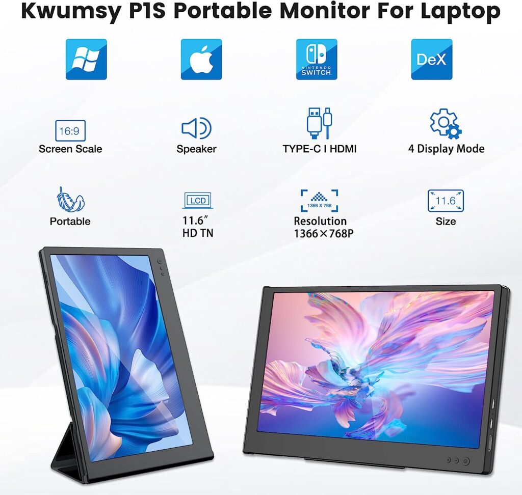 UK BONITOYS Kwumsy Portable Monitor Laptop Monitor Extender, Laptop Dual Screen 11.6 HD Type-C/HDMI 2 Speakers Screen Extender for PS5 Compatible with Windows/MAC/Android/Chrome/Linx PC/Notebook