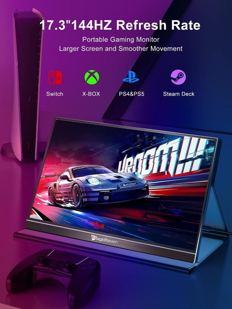 144HZ Portable Gaming Monitor, 17.3 1080P Laptop Monitor, Dual USB C HDMI Second Computer Screen, VESA Gaming Display with Speakers, Travel Monitor for PS4/5 Xbox Switch MAC PC Phone