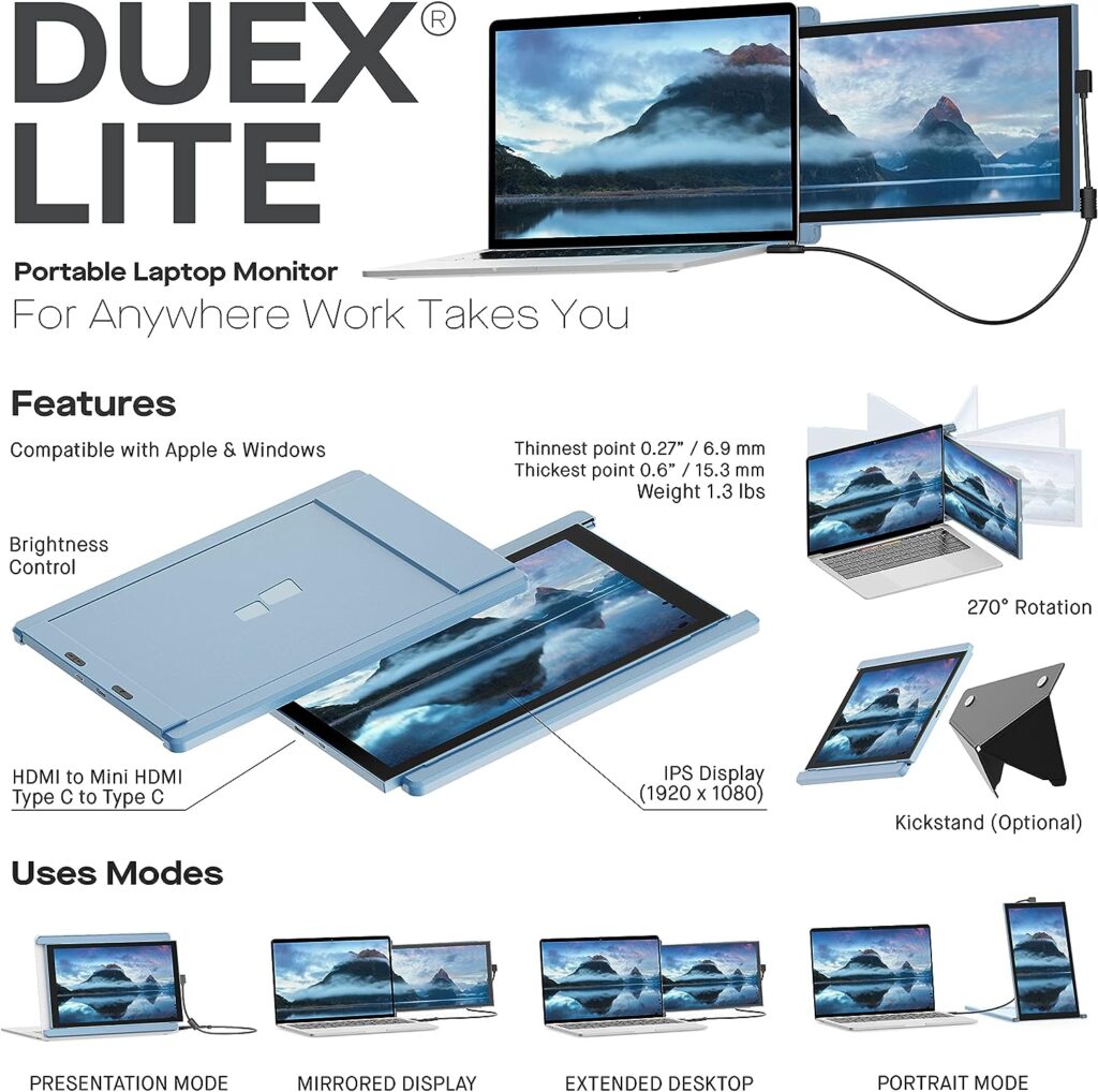 Duex Lite Portable Monitor with 5-in-1 USB C Hub, New Mobile Pixels 12.5 Full HD IPS Laptop Screen Extender, USB C/HDMI Powered, Windows/Mac/Android/Switch Compatible